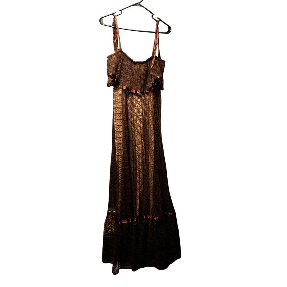 Vintage 1970's brown lace tie shoulder maxi dress size 8 - Picture 2 of 6
